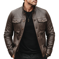 Men's Urban Stand-collar Button-up Brown PU Leather Jacket MTA0480L6U