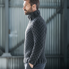 Men's Retro Round Hole Textured Stand Collar Slim Fit Knit Sweater MTA1144K9U