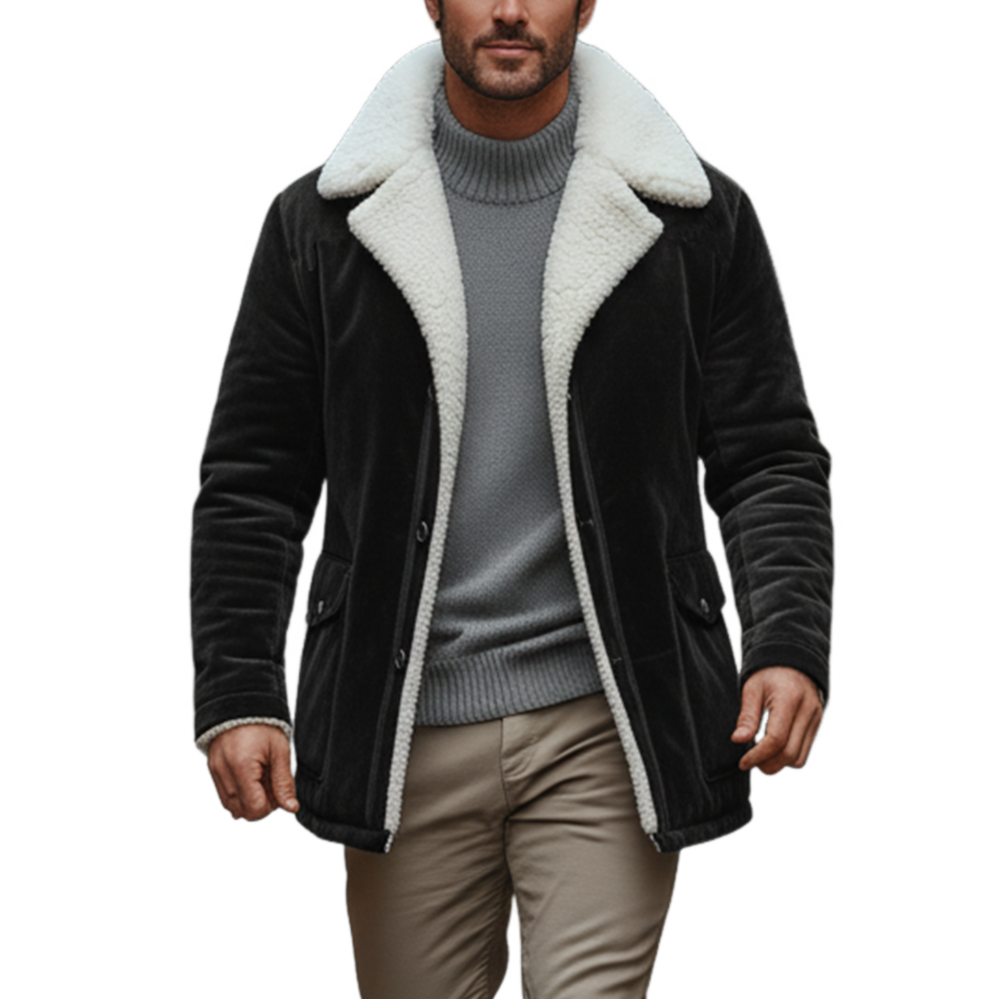 Men's Classic Casual Lapel Fleece Lining Button Faux Velvet Coat MTA0550K1K