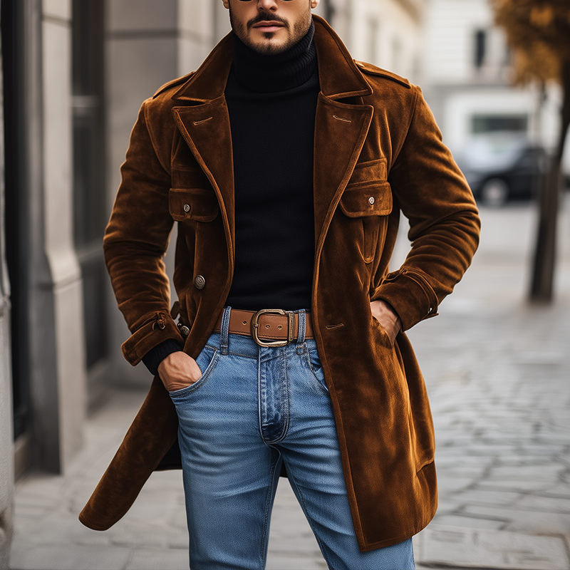 Men's Winter Retro Glossy Velvet Lapel Mid-Length Coat MTA0357K2P