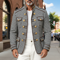 Men's Houndstooth Jacquard Stand Collar Button-decorated Slim-fit Jacket MTA0868K3X