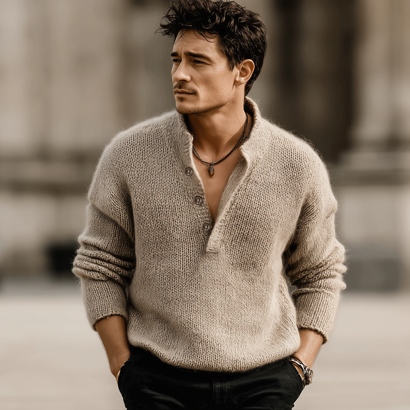 Men's Classic Light Khaki Button-up Stand-collar Knitted Sweater MTA3093K1U