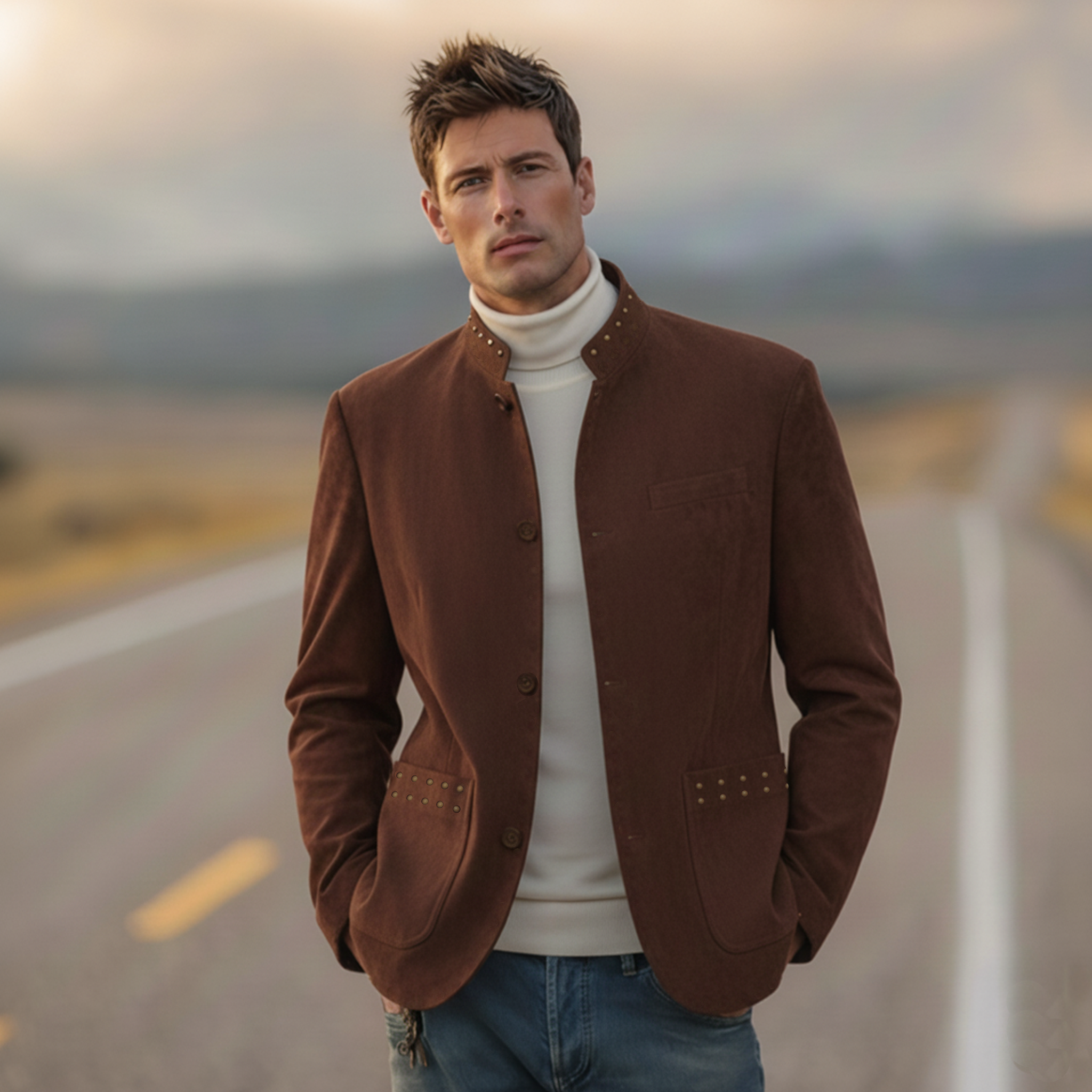 Men's Classic Retro Western Style Stand-up Collar Metal Studded Faux Suede Jacket MTA1045K4K