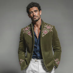 Men's Classic Retro Embroidered Corduroy Stand Collar Jacket MTA2971K4K