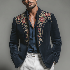 Men's Classic Retro Embroidered Corduroy Stand Collar Single-breasted Jacket MTA2946K9K