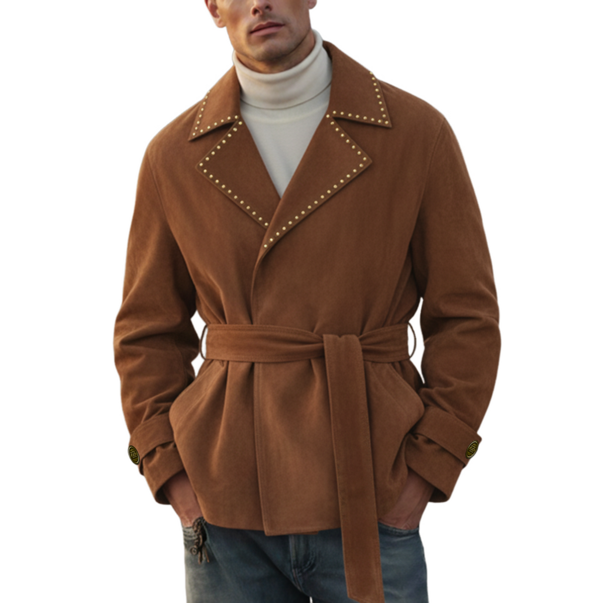 Men's Classic Retro Western Style Lapel Studded Belted Faux Suede Jacket MTA1178K5K