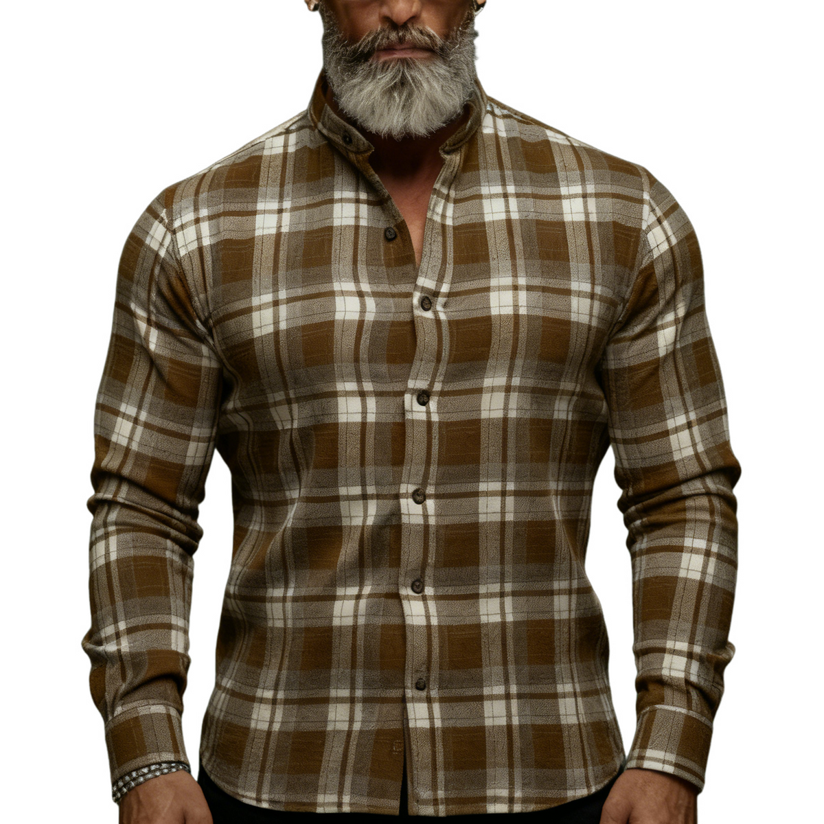 Men's Classic Casual Stand Collar Plaid Brushed Cotton Blend Long-Sleeve Shirt MTA2815K1K