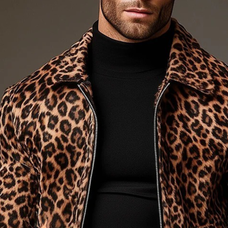 Men's Retro Casual Faux Suede Leopard Print Lapel Zip-Up Jacket MTA1173K6TO