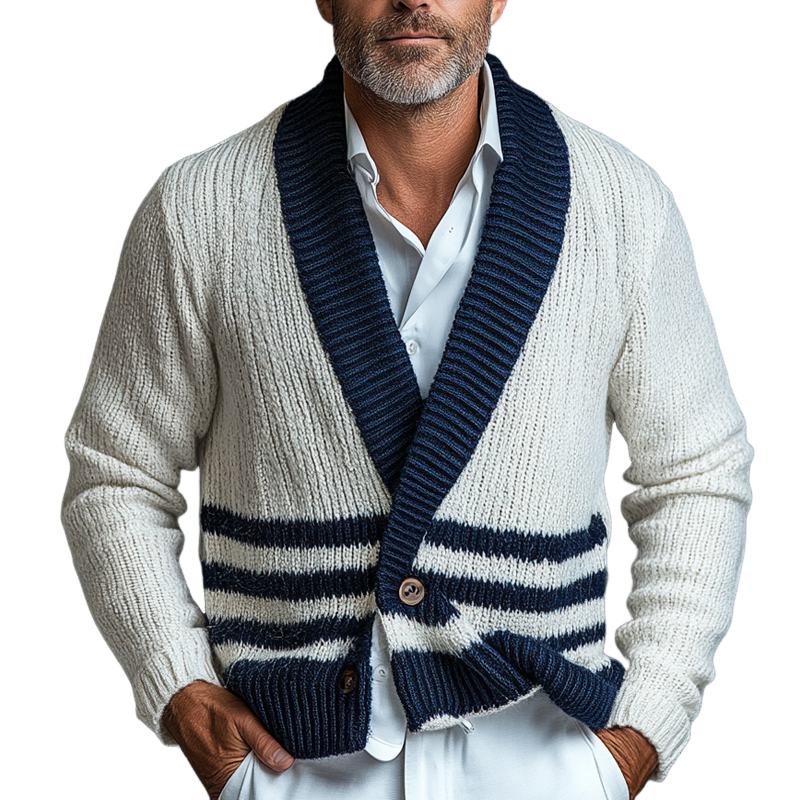 Men's Knitted V-neck Striped Jacquard Cardigan MTA0771K8X