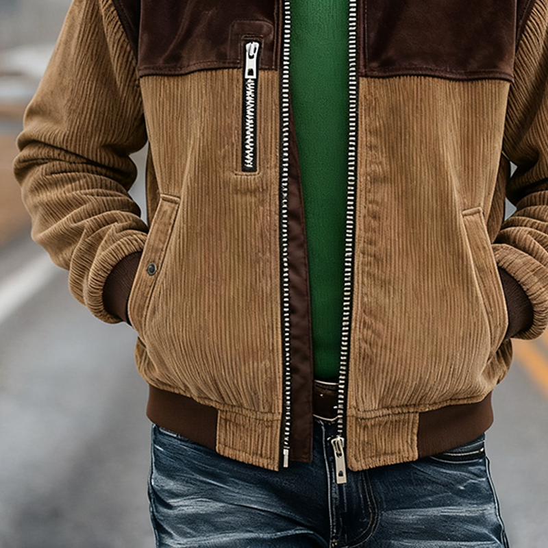 Men's Retro Color Block Faux Suede Corduroy Zip-Up Jacket MTA1165K8X