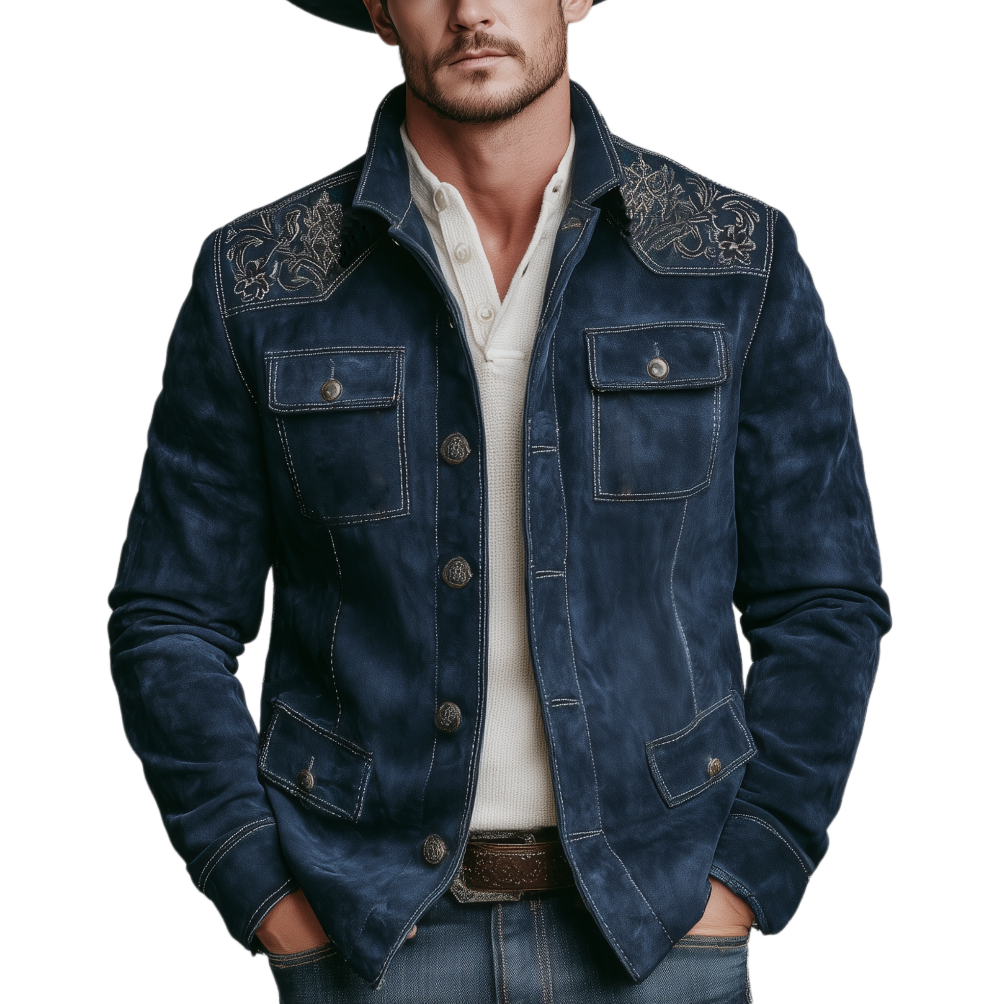 Men's Classic Retro Western Style Embroidered Stand Collar Faux Suede Multi-Pocket Jacket MTA2401K4K