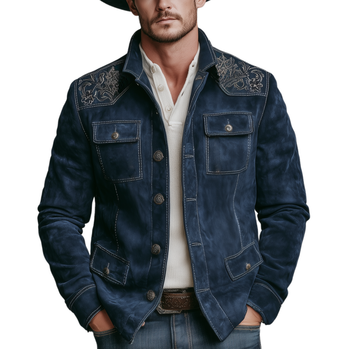 Men's Classic Retro Western Style Embroidered Stand Collar Faux Suede Multi-Pocket Jacket MTA2401K4K