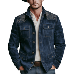Men's Classic Retro Western Style Embroidered Stand Collar Faux Suede Multi-Pocket Jacket MTA2401K4K