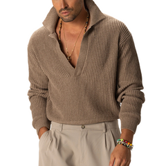 Men's Solid Color Knitted Pullover Long-sleeved Collared Sweater MTA2270K4X