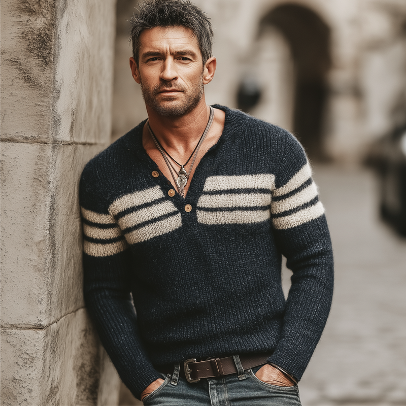 Men's Classic V-neck Color-blocked Striped Slim-fit Knit Sweater MTA0360K1U