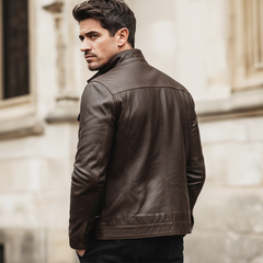 Men's Urban Stand-collar Button-up Brown PU Leather Jacket MTA0480L6U