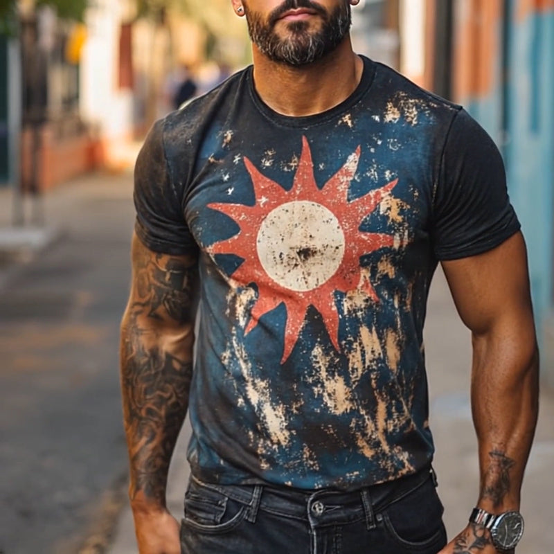 Men's Retro Casual Sun Printed Round Neck Short Sleeve T-Shirt MTA1513D0TO