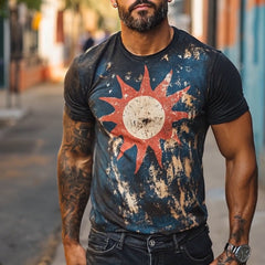 Men's Retro Casual Sun Printed Round Neck Short Sleeve T-Shirt MTA1513D0TO