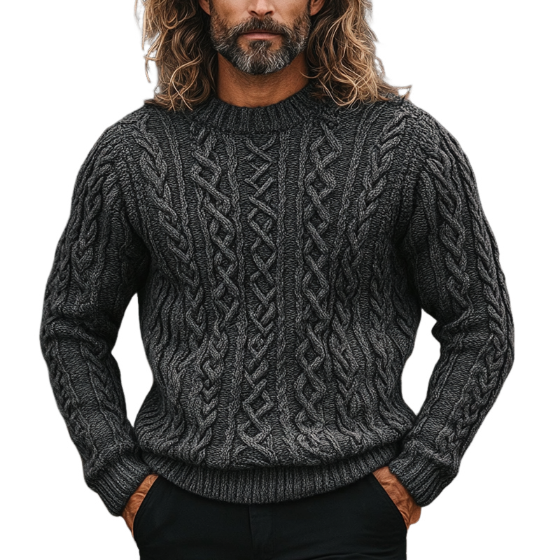 Men's Cable Knit Textured Solid Color Crew Neck Knit Sweater MTA0146L3X
