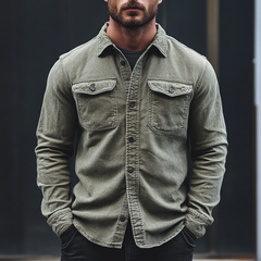 Men's Retro Washed Cotton Collared Long-Sleeve Shirt MTA0133L5X