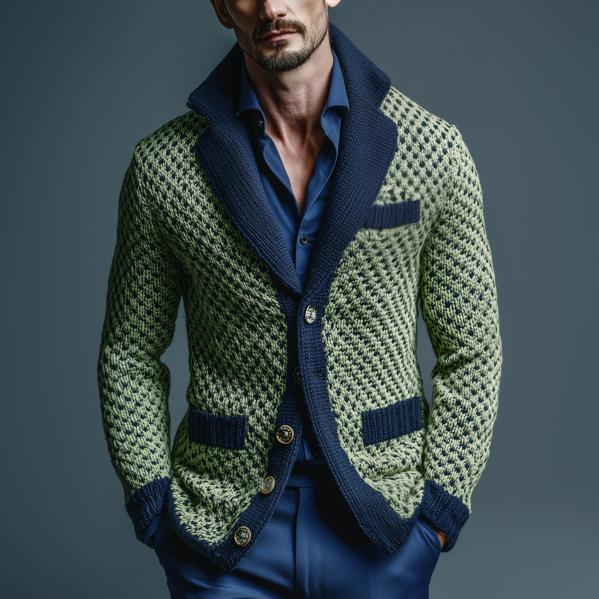 Men's Classic Casual Lapel Green And Navy Blue Slim Jacquard Knit Cardigan MTA2659I6K