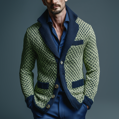 Men's Classic Casual Lapel Green And Navy Blue Slim Jacquard Knit Cardigan MTA2659I6K