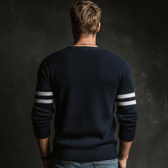 Men's Urban Style Navy Blue V-neck Slim-fit Knitted Sweater MTA0165L0U