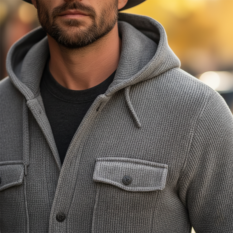 Men's Simple Knit Ribbed Hooded Button-Up Shirt MTA0587K3P