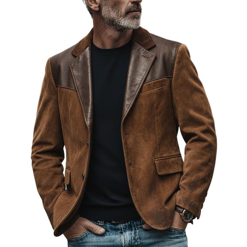 Men's Retro Patchwork Faux Suede Lapel PU Blazer MTA2207K5X