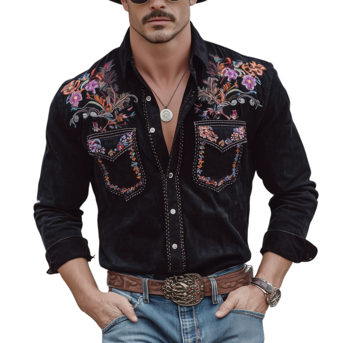 Men's Classic Retro Western Style Embroidered Faux Suede Long-sleeved Shirt MTA0118L6K