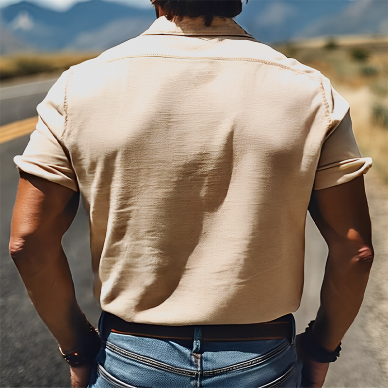 Men's Summer Fashion Classic Retro Western Style Embroidered Cotton and Linen Short Sleeve Shirt MTA2807D7K