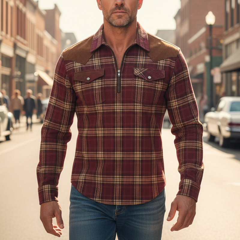 Men's Retro Plaid Faux Suede Appliqué Cotton Blend Half-Zip Shirt MTA2021K9P