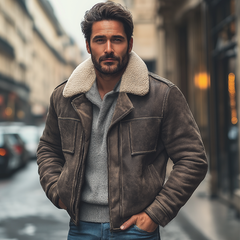 Men's Winter Suede Patchwork Lamb's Wool Collar Zip-up Jacket Jacket MTA0389K2U