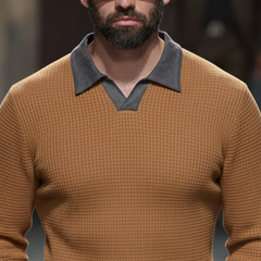 Men's Classic Casual Suede Collar And  Waffle Long-sleeved Polo Shirt MTA2878K9K