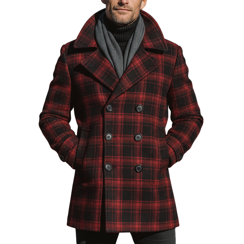 Men's Winter Fashion Plaid Faux Wool Mid-length Lapel Coat MTA1195J8P
