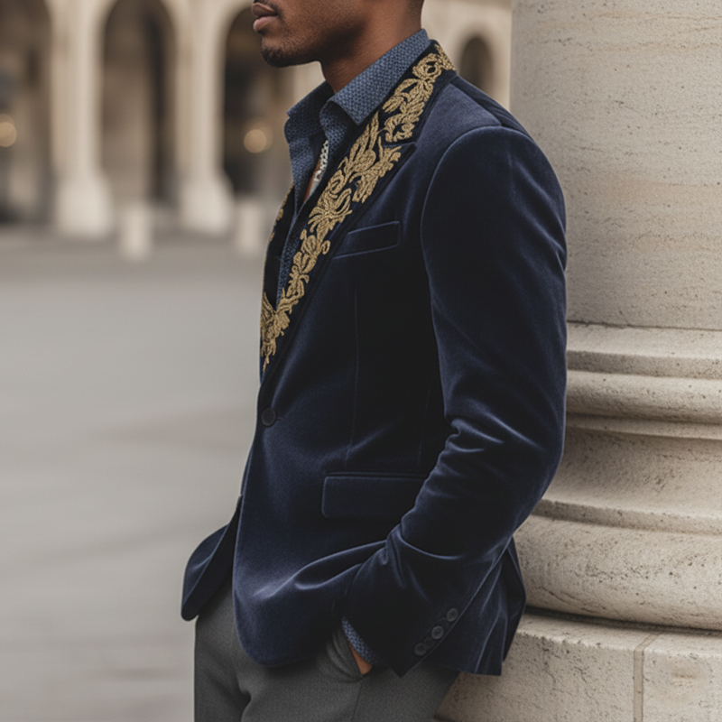Men's Vintage Embroidered Velvet Two-button Double-vented Blazer MTA2136K8U