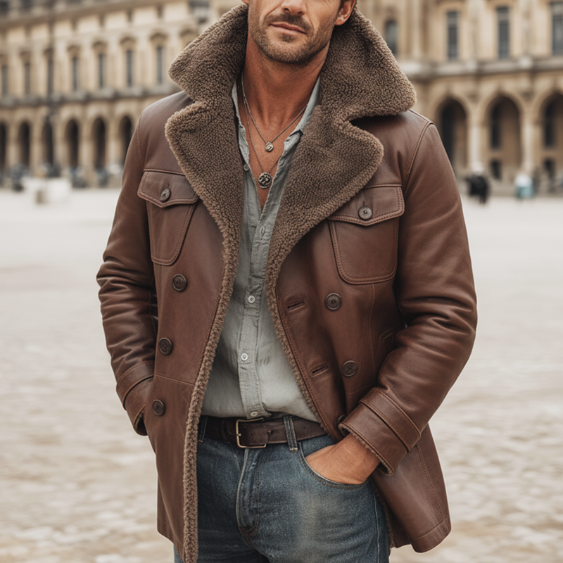 Men's Warm PU Leather And Lamb Wool Lining Double-breasted Short Coat MTA1228K4U