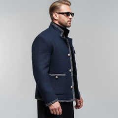 Men's Navy Blue Classic Chanel-Style Stand Collar Jacket MTA1067K3U