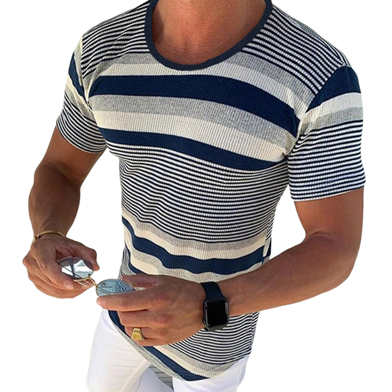 Men's Spring and Summer Casual Horizontal Stripe Knit Short Sleeve T-Shirt MTA1978C7K