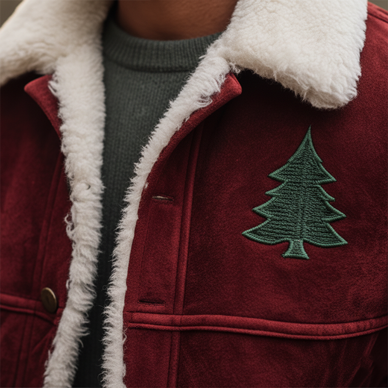 Men's Winter Retro Christmas Tree Embroidered Faux Suede Fleece Lined Jacket MTA1710K0P