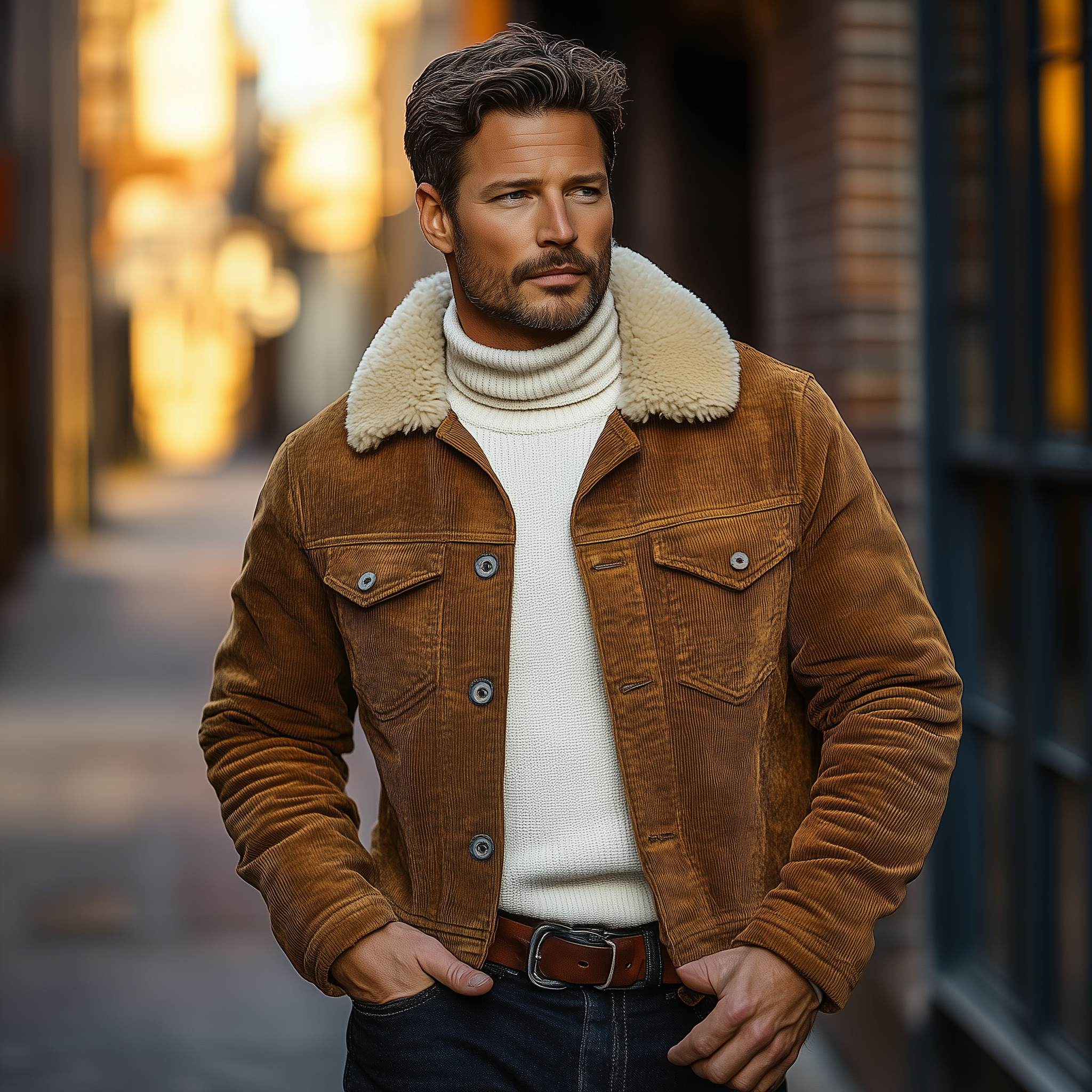 Men's Winter Retro Corduroy Jacket With Detachable Fur Collar MTA0193K5P