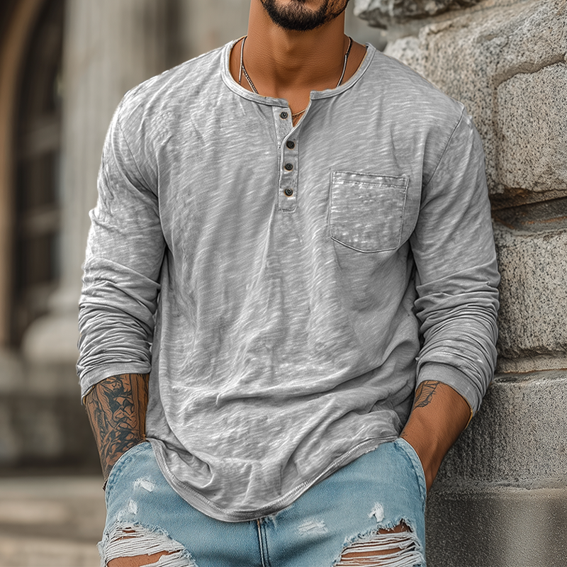 Men's Spring And Summer Casual Tough Style Henry Collar Bamboo Cotton Long Sleeve T-Shirt MTA1676G2K