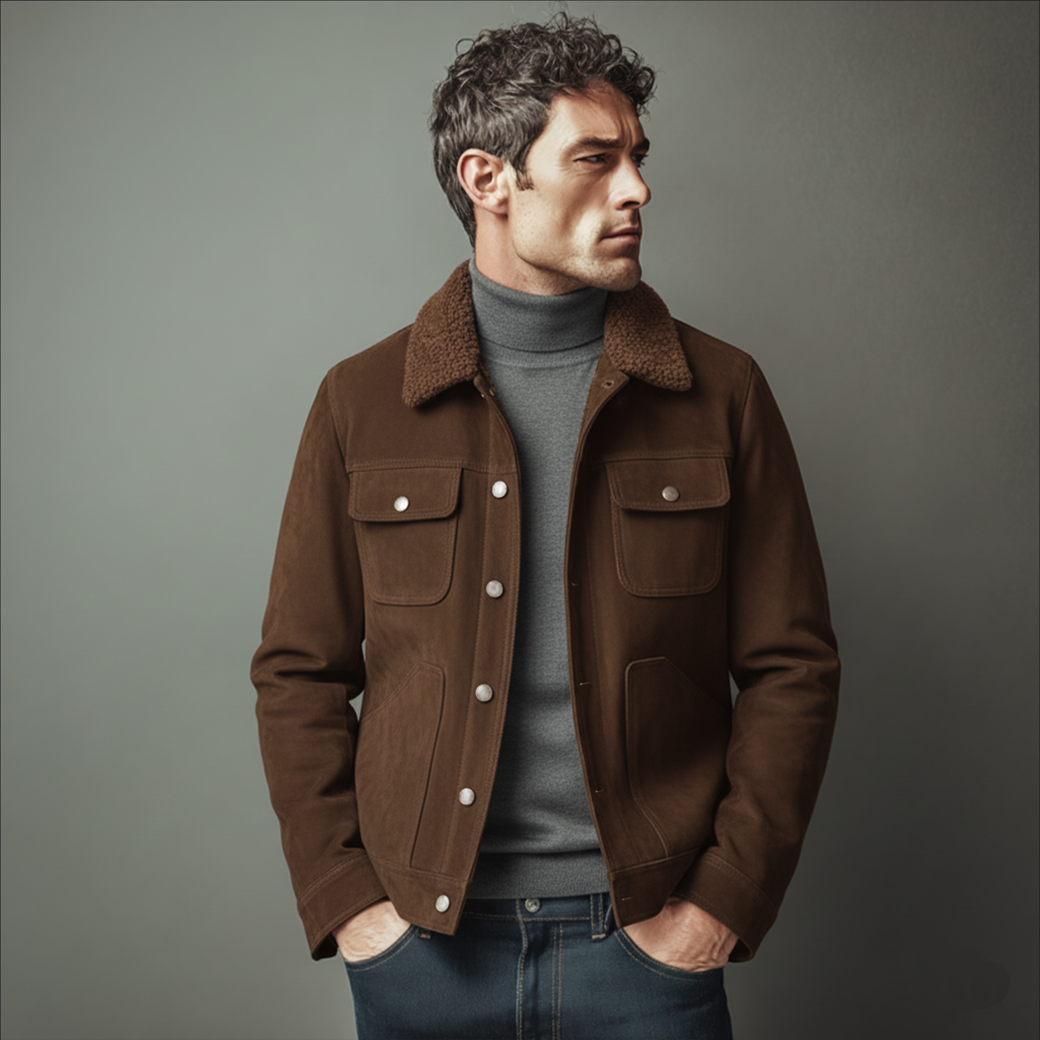 Men's Classic Light Business Fleece Collar Multi-Pocket Faux Suede Jacket MTA0136K8K