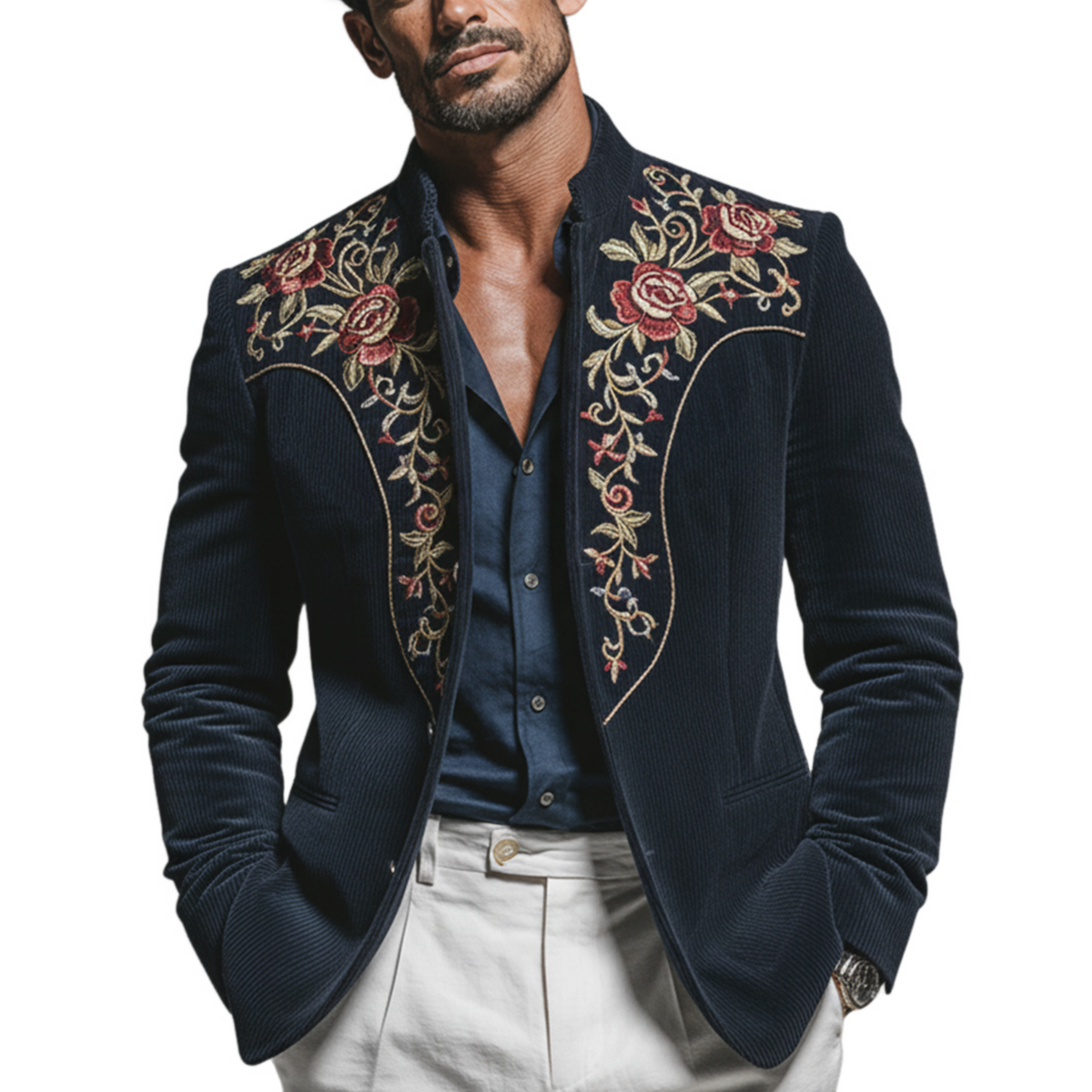 Men's Classic Retro Embroidered Corduroy Stand Collar Single-breasted Jacket MTA2946K9K