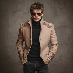 Men's Classic Retro Stand Collar Embroidered Pink Faux Woolen Jacket MTA0664K2K