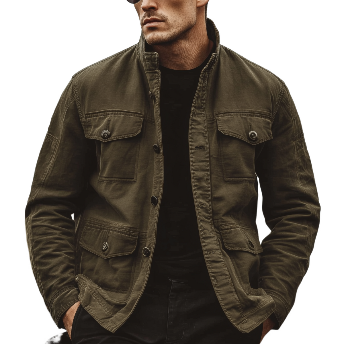 Men's Classic Casual Western Style Stand Collar Multi-Pocket Washed Twill Cotton Jacket MTA2961K1K