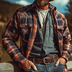 Men's Retro Casual Plaid Print Lapel Long-Sleeve Tassel Shirt MTA1104K5TO