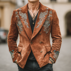 Men's Classic Double-Breasted Embroidered Suede Blazer MTA1007I6U