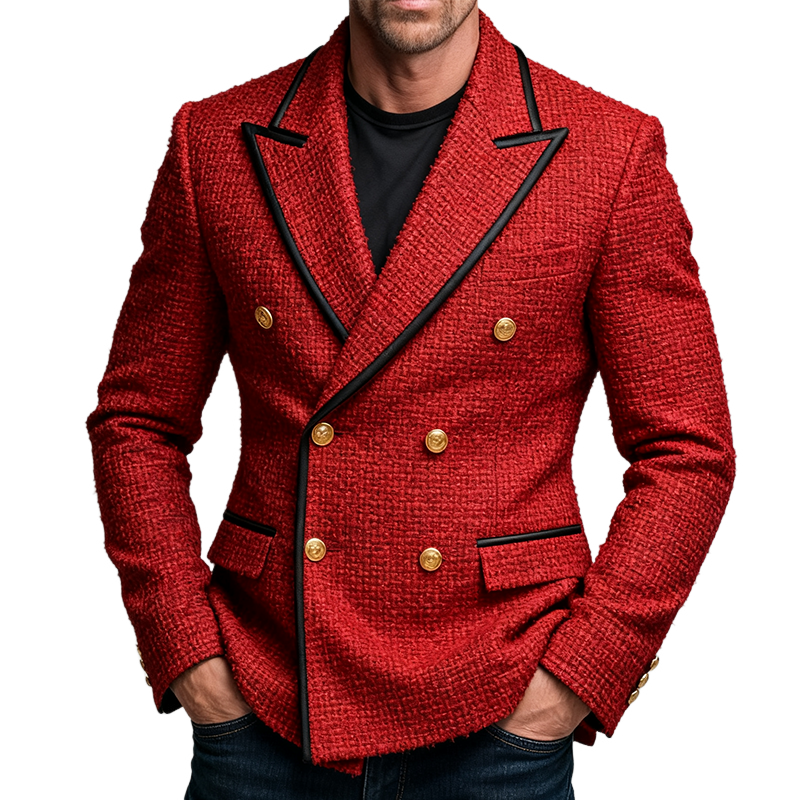 Men's Retro Casual Solid Color Tweed Double-Breasted Blazer MTA1429K6TO