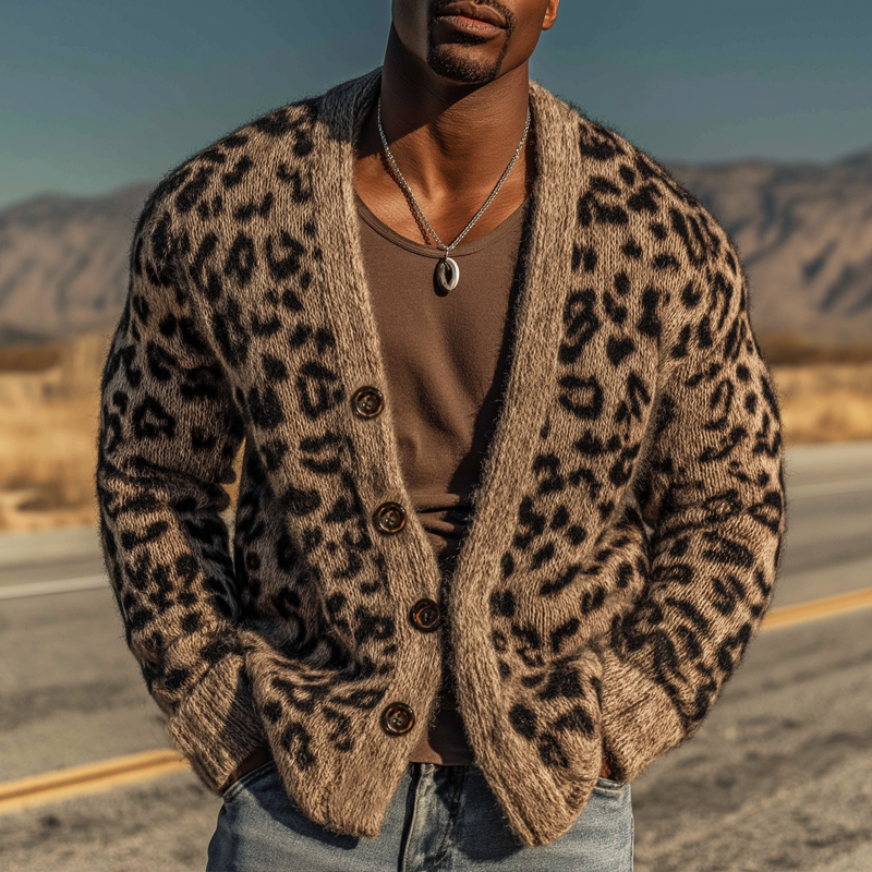 Men's Urban Warm Khaki Leopard Button-Down Cardigan MTA1836K6U
